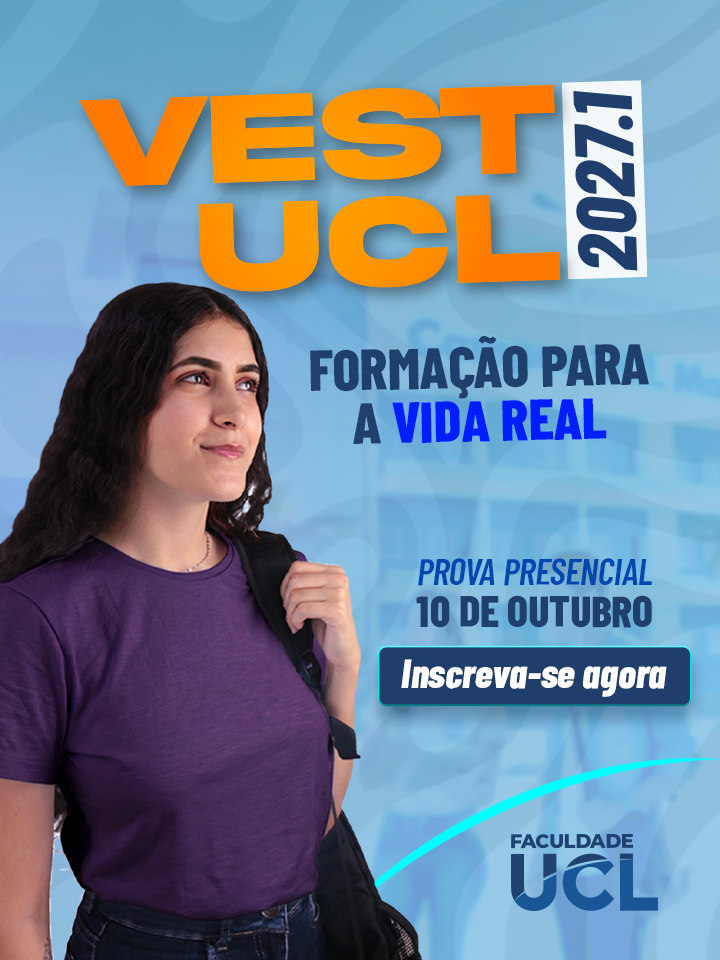Vest UCL 2027/1 Campanha Vest UCL 2027/1. Menina segurando a mochila. Prova presencial, dia 10 de outubro. Clique e inscreva-se.
